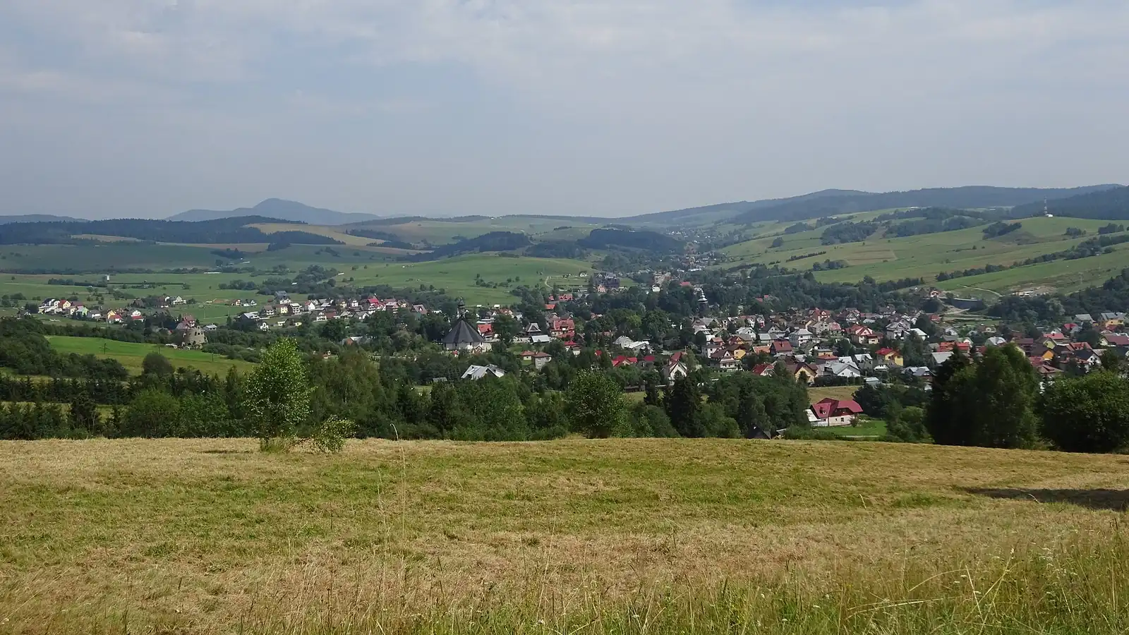 Panorama Tylicza w dolinie otoczonej łąkami i zalesionymi pasmami Beskidu Sądeckiego latem