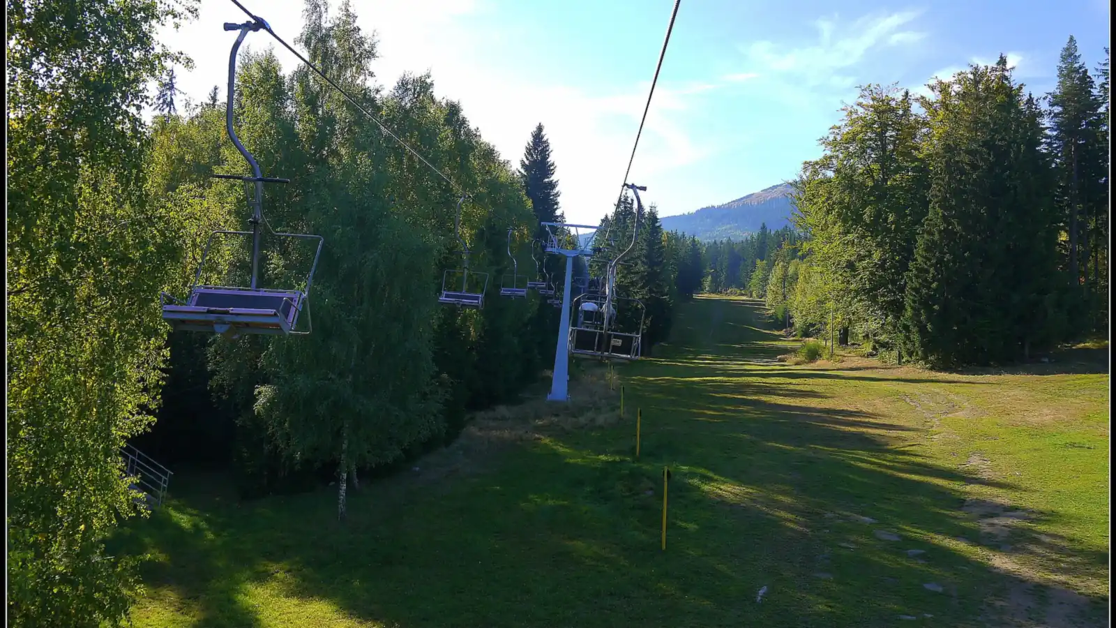 Kolej krzesełkowa nad trawiastą trasą zjazdową w lesie, w tle szczyt Szrenicy, zdjęcie latem