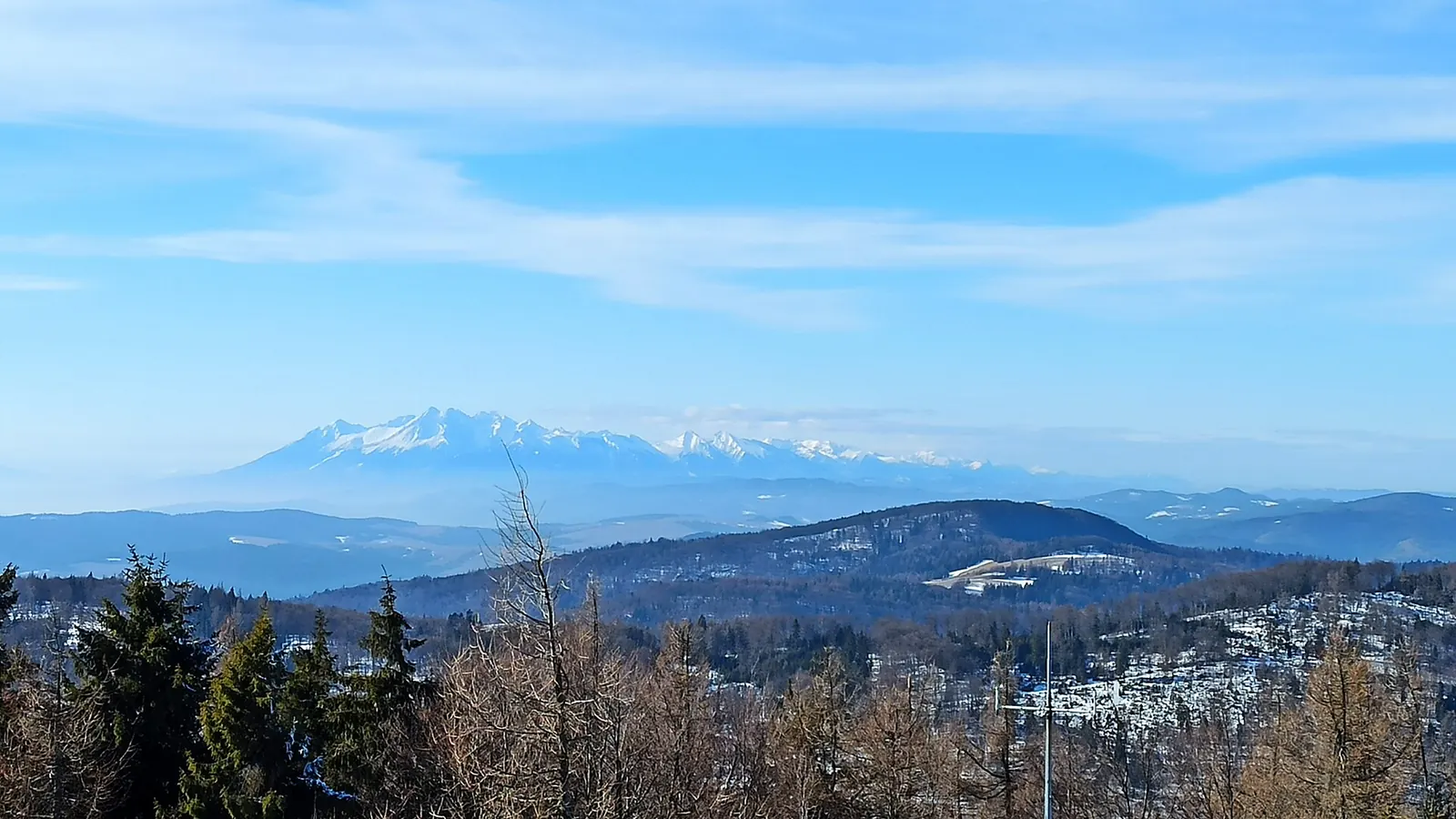 Widok z Jaworzyny Krynickiej na zalesione grzbiety Beskidu Sądeckiego i ośnieżone Tatry na horyzoncie