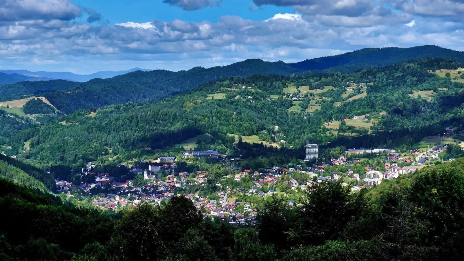 Szczawnica w dolinie Grajcarka otoczona zalesionymi grzbietami, widok z Małych Pienin latem